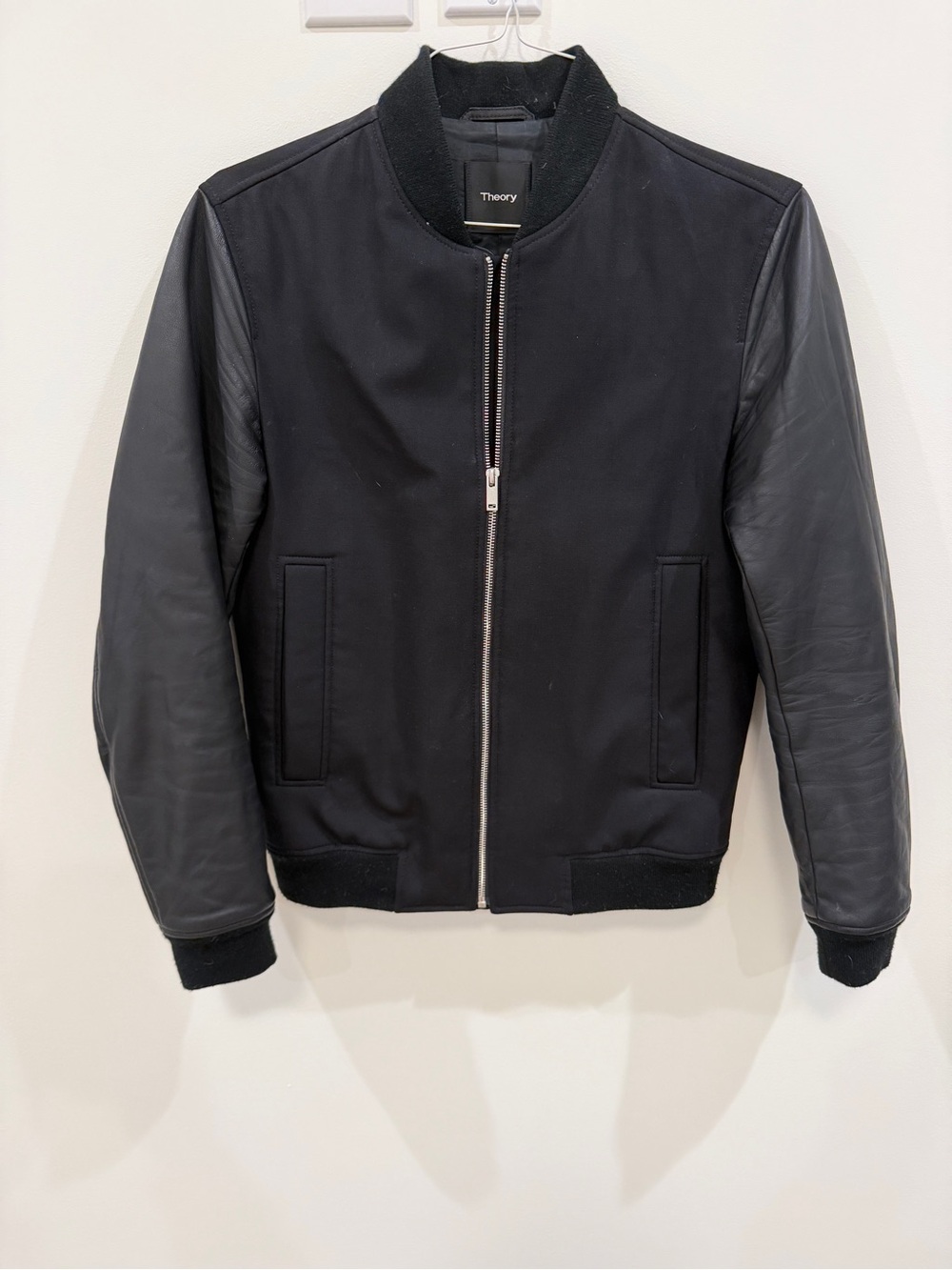 Theory Black Leather-Sleeve Bomber Jacket